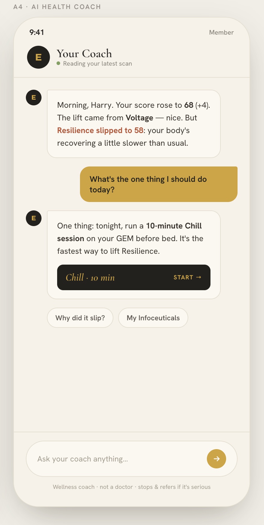 The GEM app AI Health Coach: it reads your latest scan, explains what moved and why, and suggests one next step — like a one-minute Sleep program on your GEM before bed