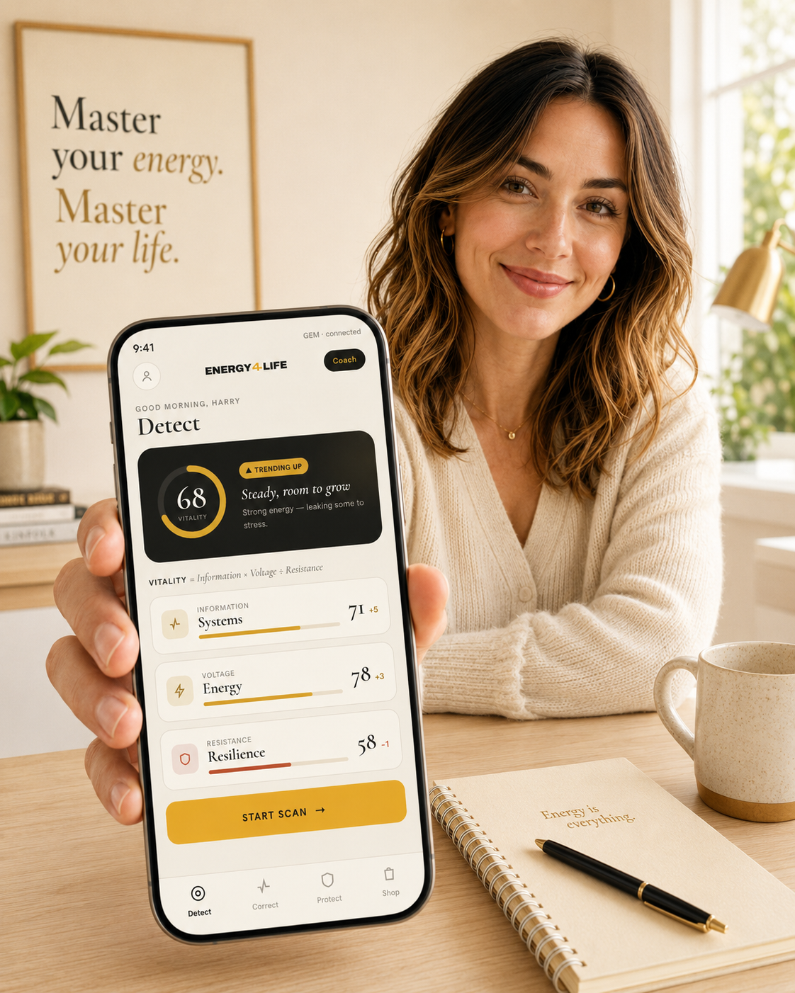 A woman holding a phone showing the GEM app's Detect screen with a Vitality score of 68
