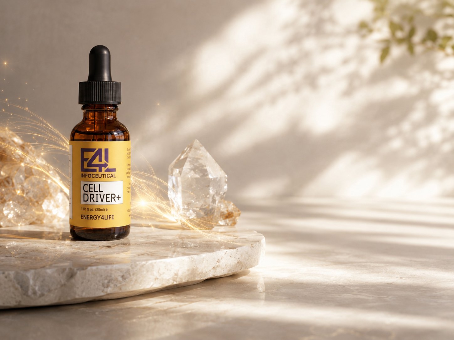 A Cell Driver+ Infoceutical dropper bottle in warm morning light