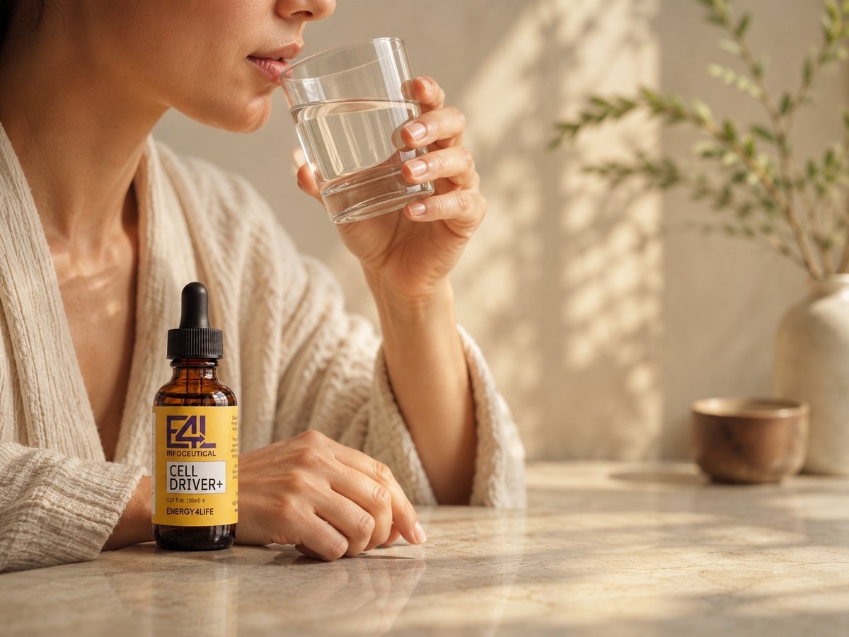 A woman drinking a glass of water with an Infoceutical bottle beside her
