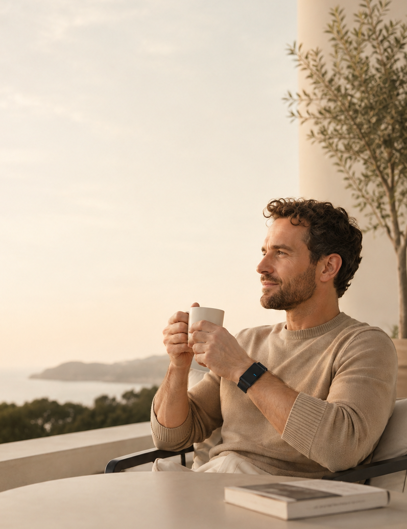 A man relaxing on a balcony overlooking the coast, wearing the GEM on his wrist
