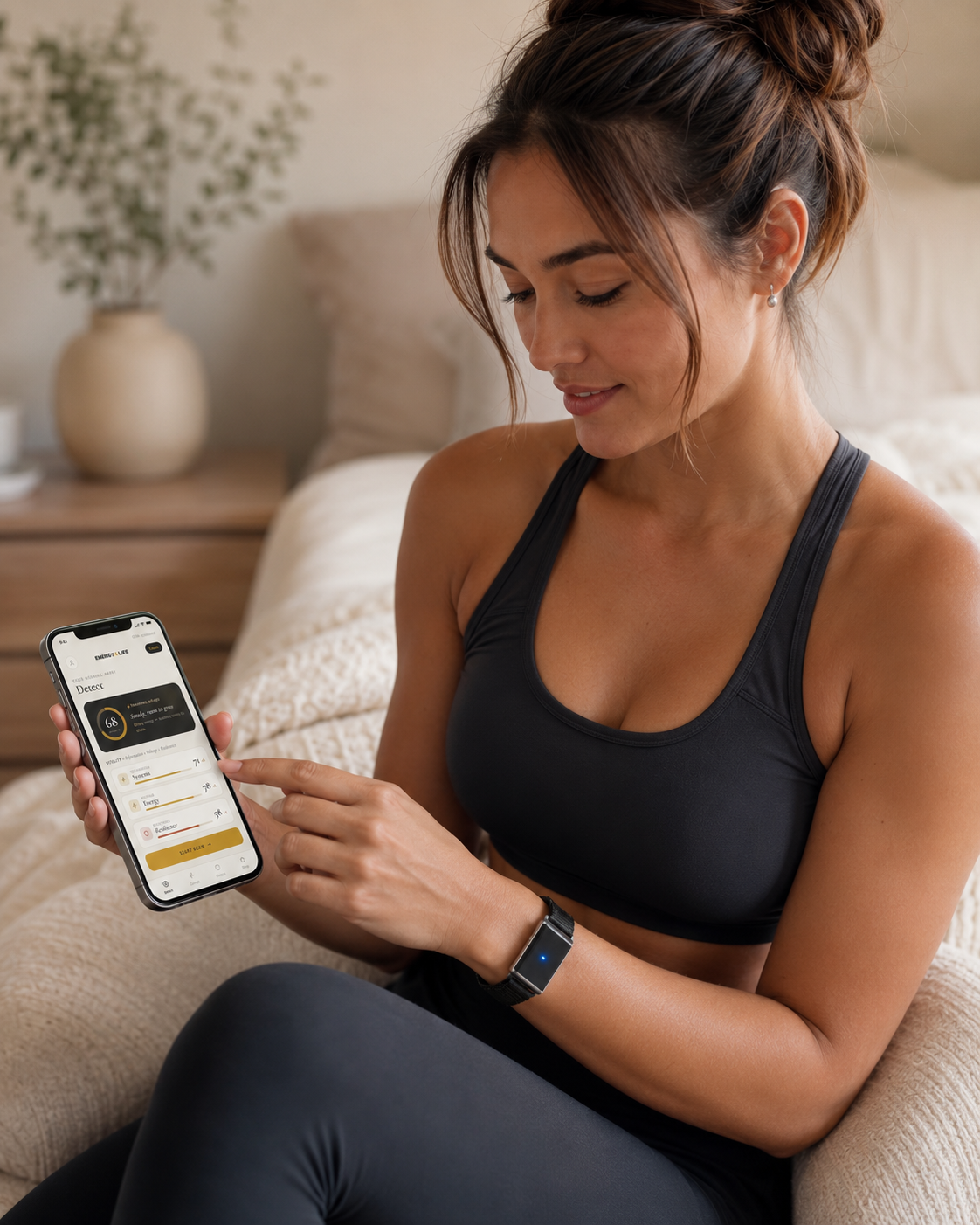 A woman wearing the GEM checking her Detect scan results in the GEM app on her phone