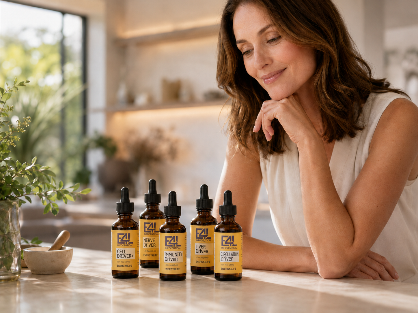 Five Infoceutical dropper bottles, a woman's top-five match from her scan