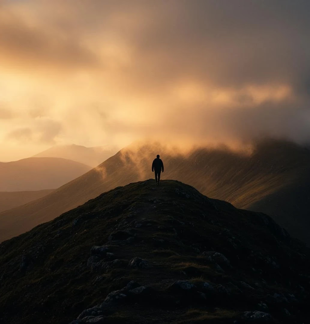 A lone figure on a mountain ridge at sunrise, the closing image of Beyond Medicine